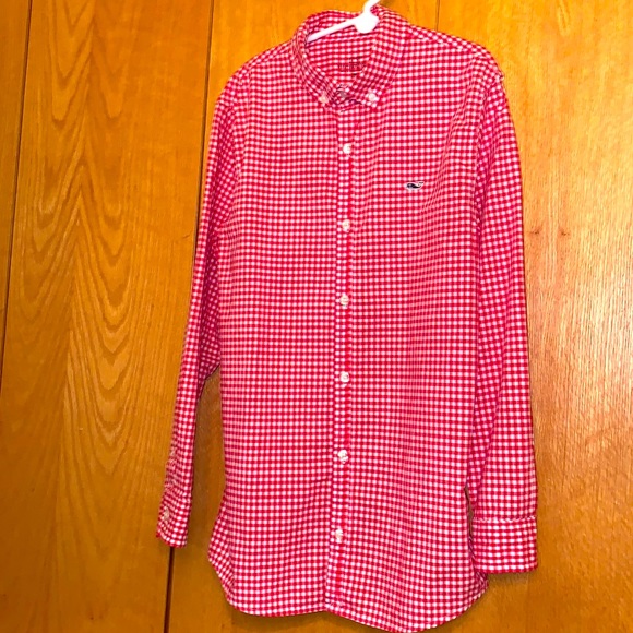 Vineyard Vines 12 - 14 M red white gingham check plaid button down collar shirt - Picture 2 of 9